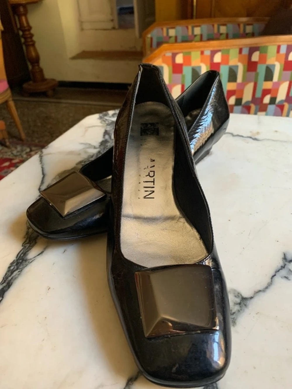 Black Patent Women's Square-Toe Flats with Decorative Accent